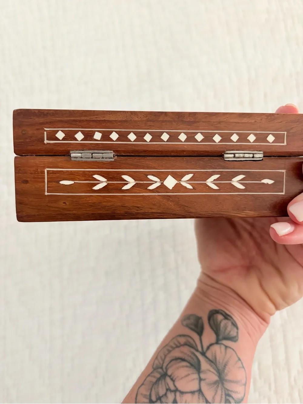 Inlaid Wood Jewelry Box with White Floral Motif made in India